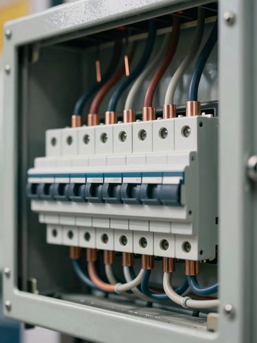 Tight macro shot of a neatly wired breaker panel inside a Milano commercial building, clean copper ground wires and perfectly routed conduits under bright daylight.