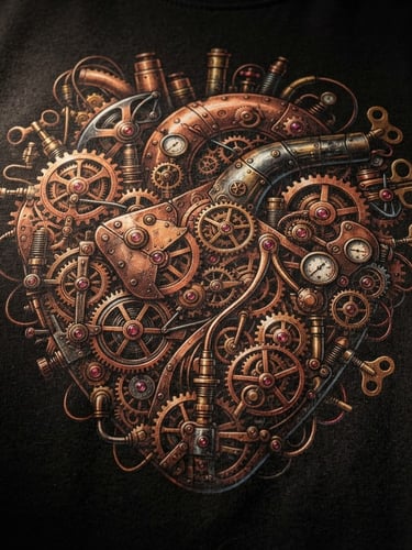 Macro shot of a steampunk heart illustration on a premium black t-shirt, intricate copper gears and brass valves visible, chiaroscuro lighting, deep shadows, right side of a dark studio.