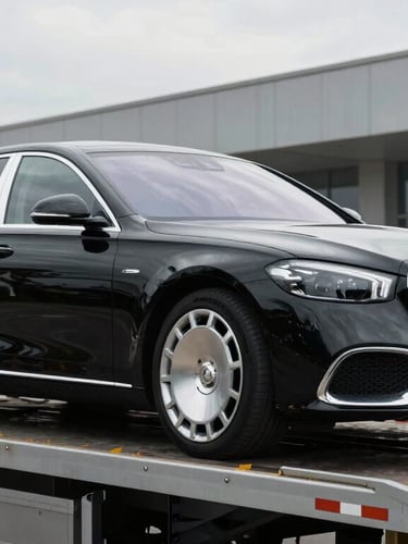 A premium German luxury sedan secured on a professional transport carrier, clean architectural background, cool overcast daylight, right bleed.