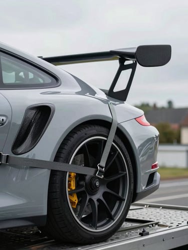 Extreme close-up of a Porsche 911 GT3 secured with heavy-duty tension straps on an open vehicle transporter, overcast cool-toned European daylight, sharp focus on the carbon fiber wing and rear tire.