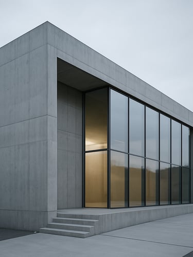 Minimalist modern concrete and glass building in Neuhausen am Rheinfall, soft overcast Swiss daylight, cool slate tones with subtle gold reflections, architectural photography, medium format.
