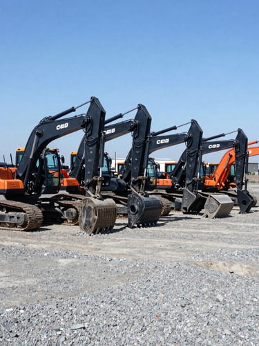 Wide shot of a fleet of certified heavy construction machinery lined up on a gravel field, bright Chilean daylight, high-contrast industrial editorial photography.