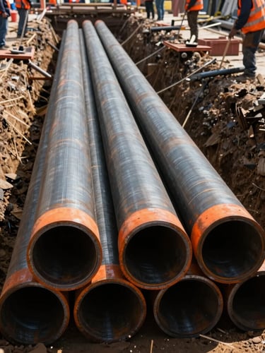 Close-up of industrial steel pipes being laid into a deep trench, construction workers in safety vests guiding the process, bright sunlight, sharp focus
