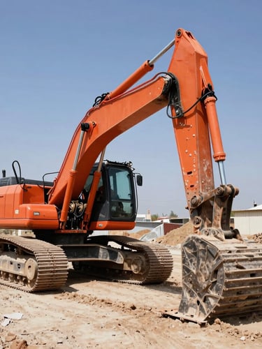 Low-angle dynamic shot of a heavy orange excavator operating on a dusty civil works site in Chile, bright high-contrast daylight, sharp focus on the hydraulic arm
