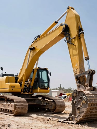 Low-angle dynamic shot of a massive yellow excavator operating on a Chilean civil works site, bright daylight, high-contrast shadows, sharp focus on mechanical arm.