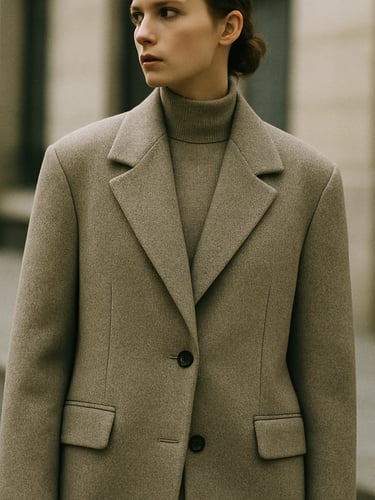 Dynamic medium shot of a model in high-fashion street style wearing a structured wool coat, natural daylight, desaturated neutral tones, 35mm film look