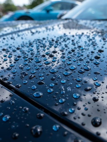 Close-up of water bead detailing on a polished black hood, crisp outdoor daylight, electric baby blue reflections, sharp focus, 35mm lens