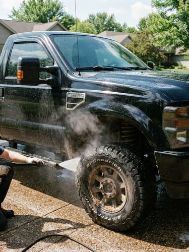 Crisp automotive photography of a rugged black pickup truck parked in a sunny Grass Lake driveway, high-pressure steam cleaning the wheel wells, water beading on the glossy hood, sharp focus, 35mm lens