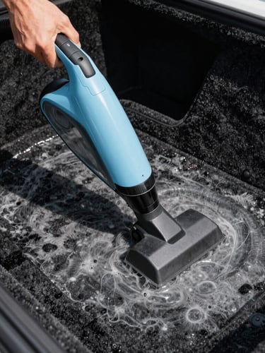 A professional detailer using a steam extractor on a dirty car carpet, half-clean and half-dirty contrast visible, high-contrast lighting.