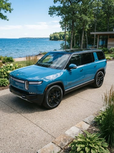 A clean modern SUV parked in a sunny Michigan driveway near a lake, showing sharp paint reflections under bright daylight, 35mm lens.