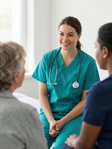 A warm, natural light portrait of a female nurse in teal scrubs smiling gently during a consultation with an elderly patient in a bright Ohio clinic.