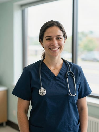 A warm environmental portrait of a smiling female healthcare professional in a bright, modern Ohio community clinic, natural window light, 35mm