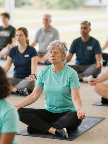 Candid medium shot of a diverse group of Ohio residents participating in an outdoor wellness seminar, bright natural daylight, warm editorial style, 35mm