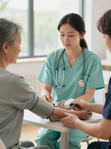 A modern healthcare professional conducting a gentle blood pressure check for an older patient in a bright community space, soft window lighting