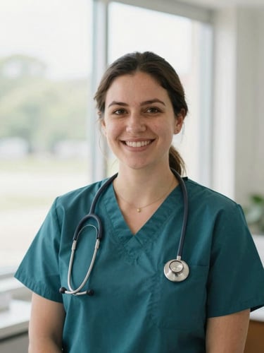 Warm editorial portrait of a healthcare coordinator in a bright Ohio clinic, soft natural window light, teal tones, professional and welcoming, 35mm