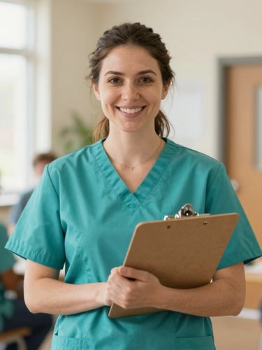 Medium environmental portrait of a smiling female nurse in teal scrubs holding a clipboard in a sunlit Ohio community center, warm natural lighting, soft focus background