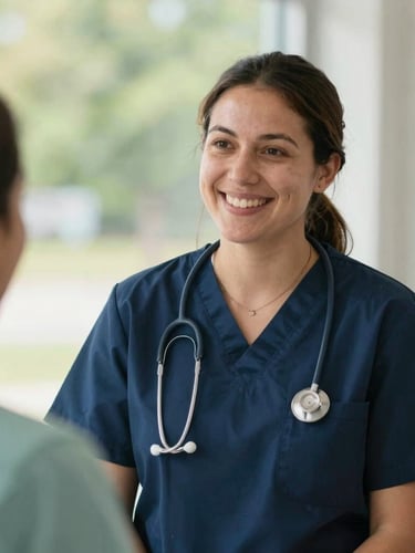 Bright natural daylight environmental portrait of an Ohio community nurse smiling warmly during a local clinic visit, soft teal tones, genuine community focus, 35mm
