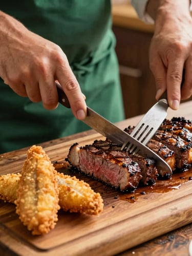 Close-up of a chef carving a perfectly grilled churrasco (Brazilian barbecue) on a rustic wooden board, alongside golden fried fish fillets, warm kitchen lighting, shallow depth of field.