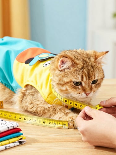 Close-up of hands measuring a fluffy golden cat with a yellow tape measure, colorful fabrics and sewing patterns on a wooden table, warm natural light