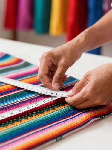 Close-up of hands carefully measuring colorful patterned fabric with a soft tape measure in a bright, sunlit Mexican workshop