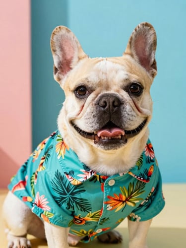 Eye-level portrait of a happy French Bulldog wearing a vibrant teal tropical shirt, bright natural daylight, colorful studio backdrop