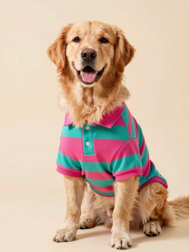 A happy golden retriever wearing a custom vibrant teal and magenta striped polo shirt, sitting proudly on a clean solid pastel studio background, eye-level portrait, soft natural lighting