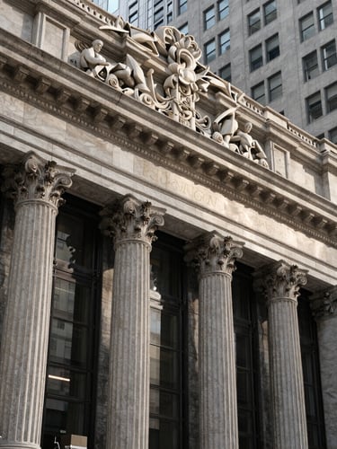 Wide architectural detail of a classic stone facade in San Francisco's financial district, soft morning light casting gentle shadows, clean lines, editorial framing.