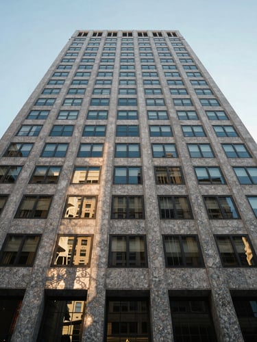 Soft morning light reflecting off the clean granite facade of a San Francisco financial district building, expansive sky framing the upper third.