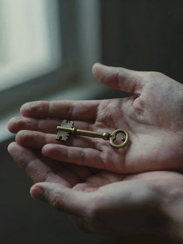 Close-up of weathered hands holding a small, old brass key under soft side-shadows, dark background, cinematic film grain