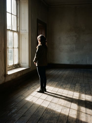 A solitary figure standing in an empty room with dramatic window light casting long shadows on weathered floorboards, cinematic 35mm film grain.