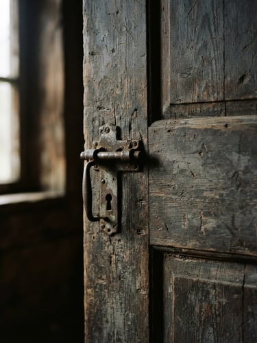 Intimate close-up of a weathered wooden door with dramatic side-shadows, soft natural window light, cinematic film photography, 35mm grain