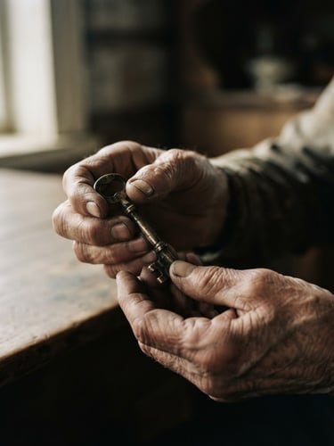 Cinematic film photography, dramatic side-shadows, a close-up of wrinkled hands holding a weathered brass key, soft natural window light, 35mm grain.