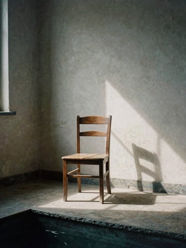 Cinematic film photography of a solitary wooden chair sitting in a pool of dramatic side-shadows from a tall window, weathered plaster wall, 35mm grain