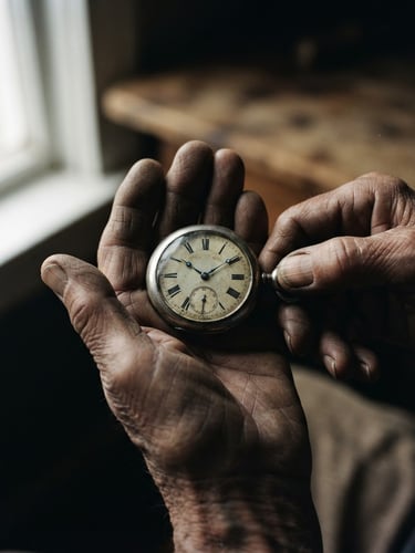 Intimate close-up of weathered hands holding an old silver pocket watch, natural window light casting deep shadows, muted film tones, 35mm grain.