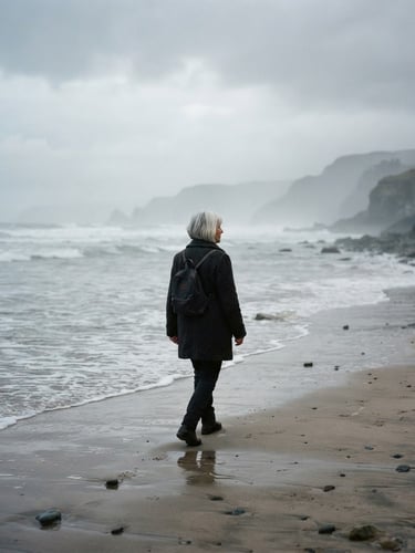 Cinematic film photography, soft natural daylight, a solitary figure with silver hair walking along a misty shoreline, distant horizon, muted desaturated tones, 35mm grain.