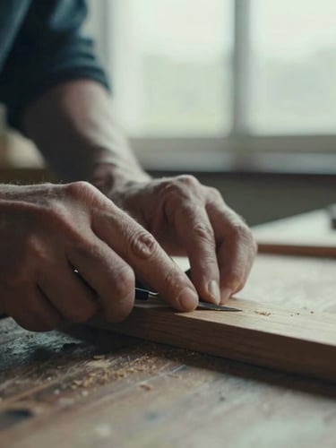 Close-up of weathered hands carving wood on a rustic workbench, natural overcast daylight, soft textures, cinematic film photography, 35mm grain