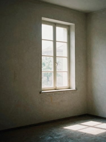 An empty room with weathered plaster walls, dramatic natural light streaming through a single tall window, casting long shadows, soft film grain