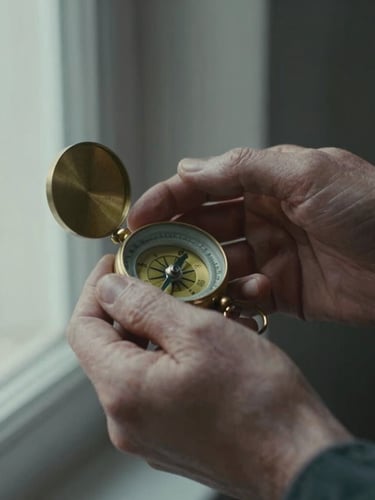 Intimate close-up of weathered hands holding an old brass compass under soft natural window light, cinematic film grain, muted tones