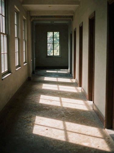 An empty hallway in an old estate, dramatic side-shadows casting geometric patterns on the dusty floor, warm afternoon light, cinematic film style, 35mm grain.