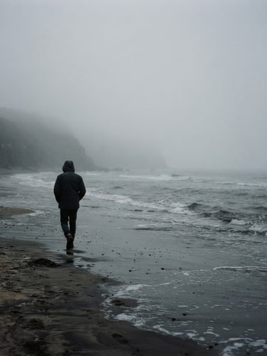 A solitary figure walking on a misty beach at dawn, soft overcast daylight, muted charcoal tones, cinematic 35mm film photography
