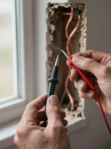 Extreme close-up of weathered hands holding a multimeter probe to old copper wiring inside an open wall cavity, natural window light from the left, shallow depth of field on the copper strands