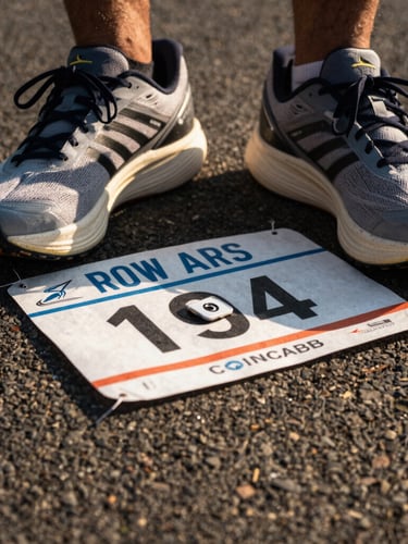 Close-up, low-angle shot of new running shoes, race bib, and timing chip laid out on rough asphalt, morning light, high contrast.
