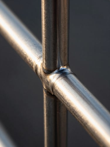 Extreme close-up of a stainless steel railing corner joint, late-afternoon directional sunlight raking across the weld seam from the right, revealing precision-ground surface texture and a mirror-polished finish, dark background, tight macro framing with shallow depth of field highlighting the exact meeting point of two steel tubes