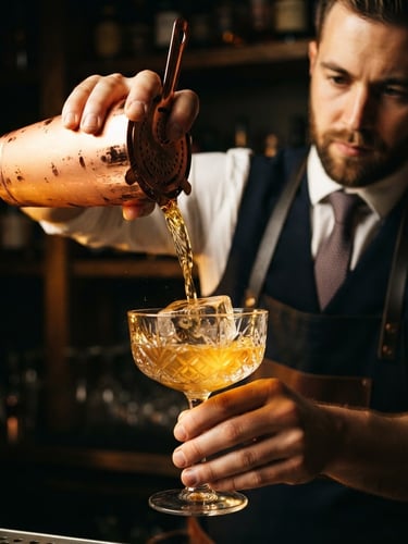 Dramatic close-up of a professional mixologist in sharp attire pouring a golden cocktail into a crystal glass, liquid motion visible, hand-carved ice, warm golden side-lighting, dark moody background, shallow depth of field.
