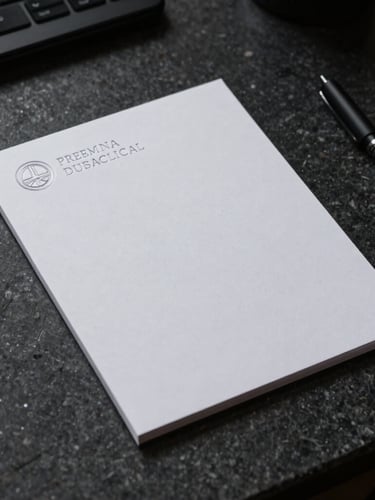 Close-up of premium physical branding, embossed corporate stationery on a dark stone desk, dramatic low-key studio lighting, sharp focus, 35mm