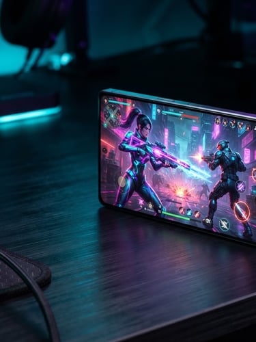 Sleek dark smartphone displaying a high-definition competitive mobile game, glowing neon cyan and purple light reflecting on its screen and metallic frame, macro lens, 35mm, wide aspect, off-center to the right, generous negative space on the left.