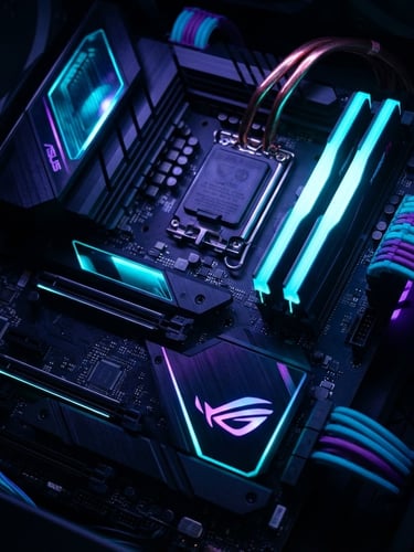 Close-up macro de uma placa-mãe de PC com componentes brilhando em neon ciano e roxo, fiação organizada, fundo escuro, iluminação de alto contraste.