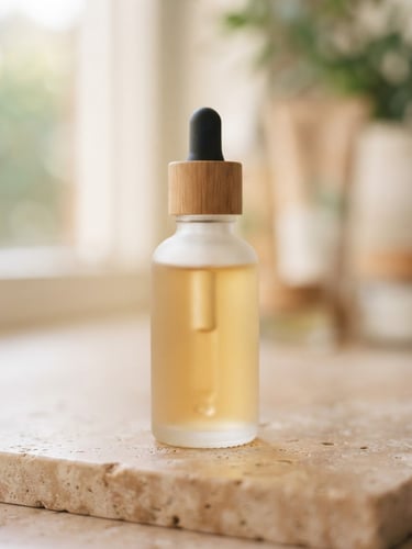 A close-up of a frosted glass serum bottle catching soft morning light on a warm stone surface, soft focus, editorial skincare photography, 85mm.