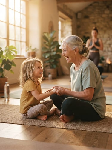Warm editorial photography of an older grandmother and her young grandchild sitting cross-legged on yoga mats in a sunlit studio, laughing together, soft natural golden-hour window light, shallow depth of field, 35mm lens.