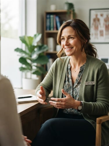 Warm editorial portrait of a female family physician, mid-40s, with kind eyes, in casual professional attire, smiling gently, conversing warmly with a patient (out of frame) in a modern, naturally lit clinic room. Soft natural window light, muted forest tones, shallow depth of field, 35mm.